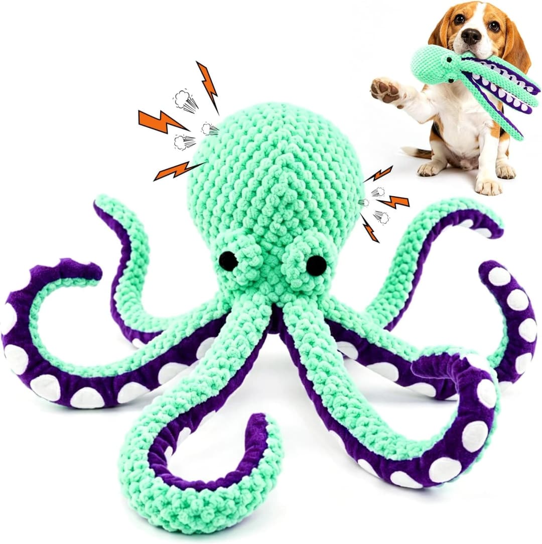Plush Octopus Dog Toy with Squeaker and Crinkle Paper — Green