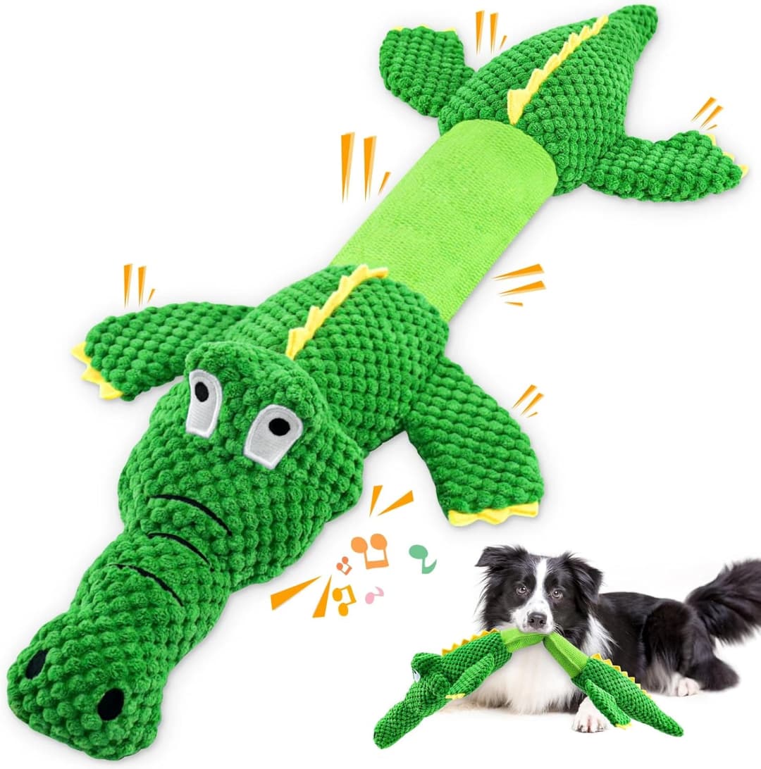Dog Squeaky Toys Stretchable Crocodile for Interactive Tug of War — Green