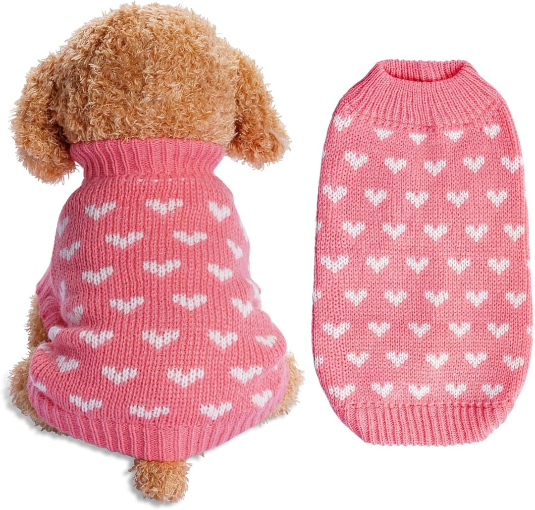 Dog Knitted Sweater Heart Puppy Sweater Warm Soft Pet Holiday Clothes for Small Dogs and Cats — Small / Pink