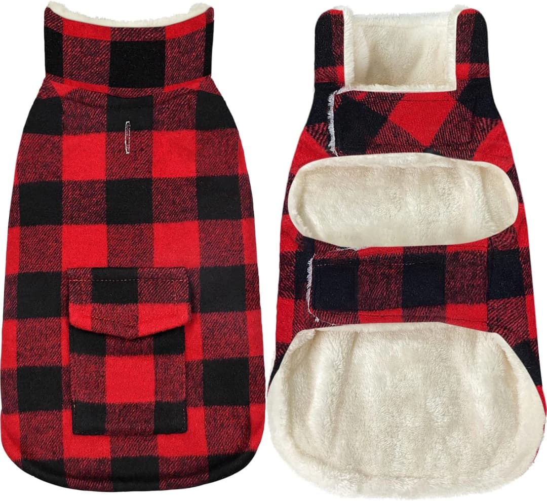 Classic Fleece Plaid Dog Coat Jacket with Pocket — Red / XX-Large
