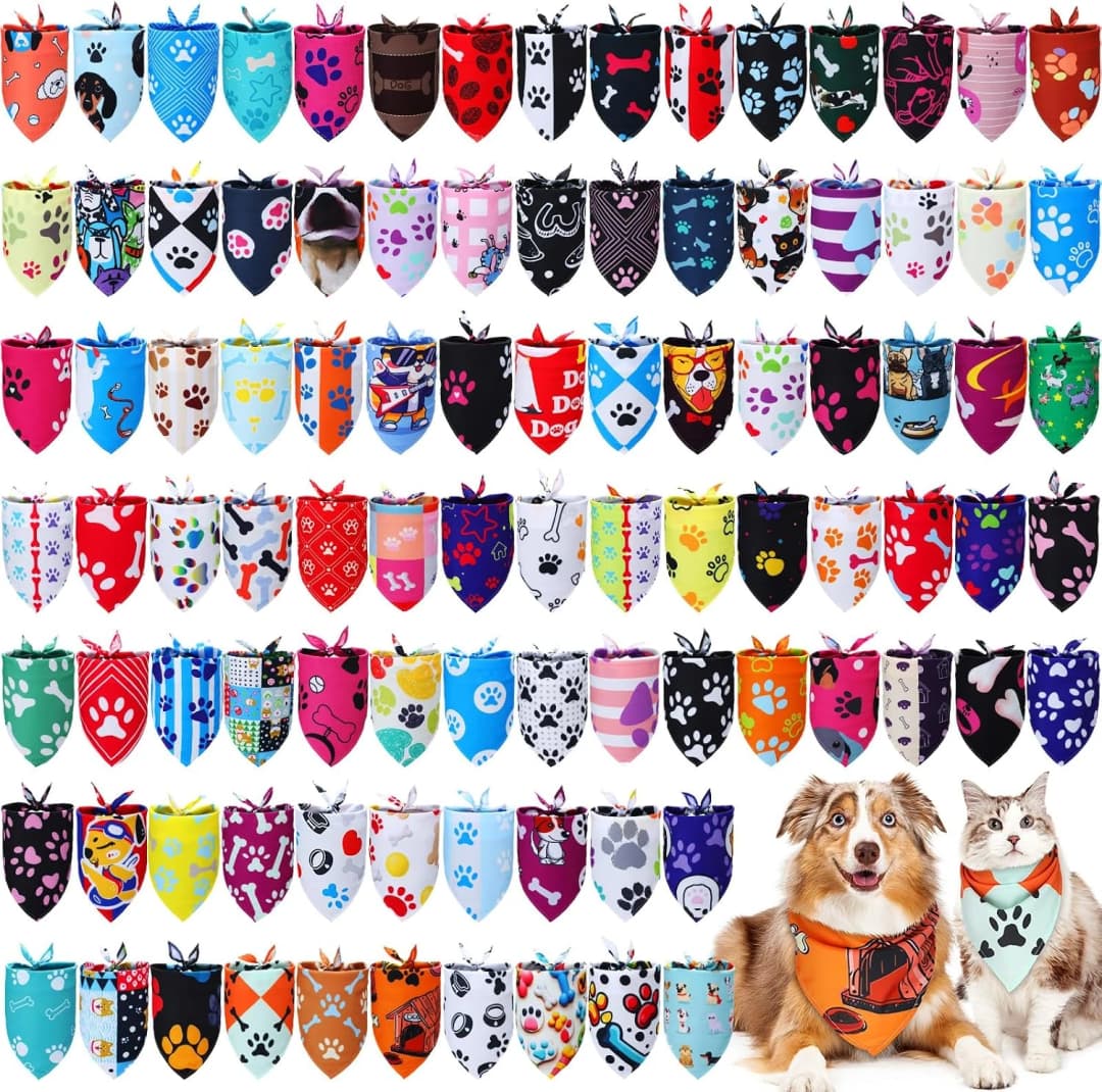 100 Pcs Paw Dog Bandanas Bulk Pet Paw Grooming Bandanas for Dogs — 100 / ['blue', 'red', 'pink', 'yellow', 'purple', 'green'] / Large