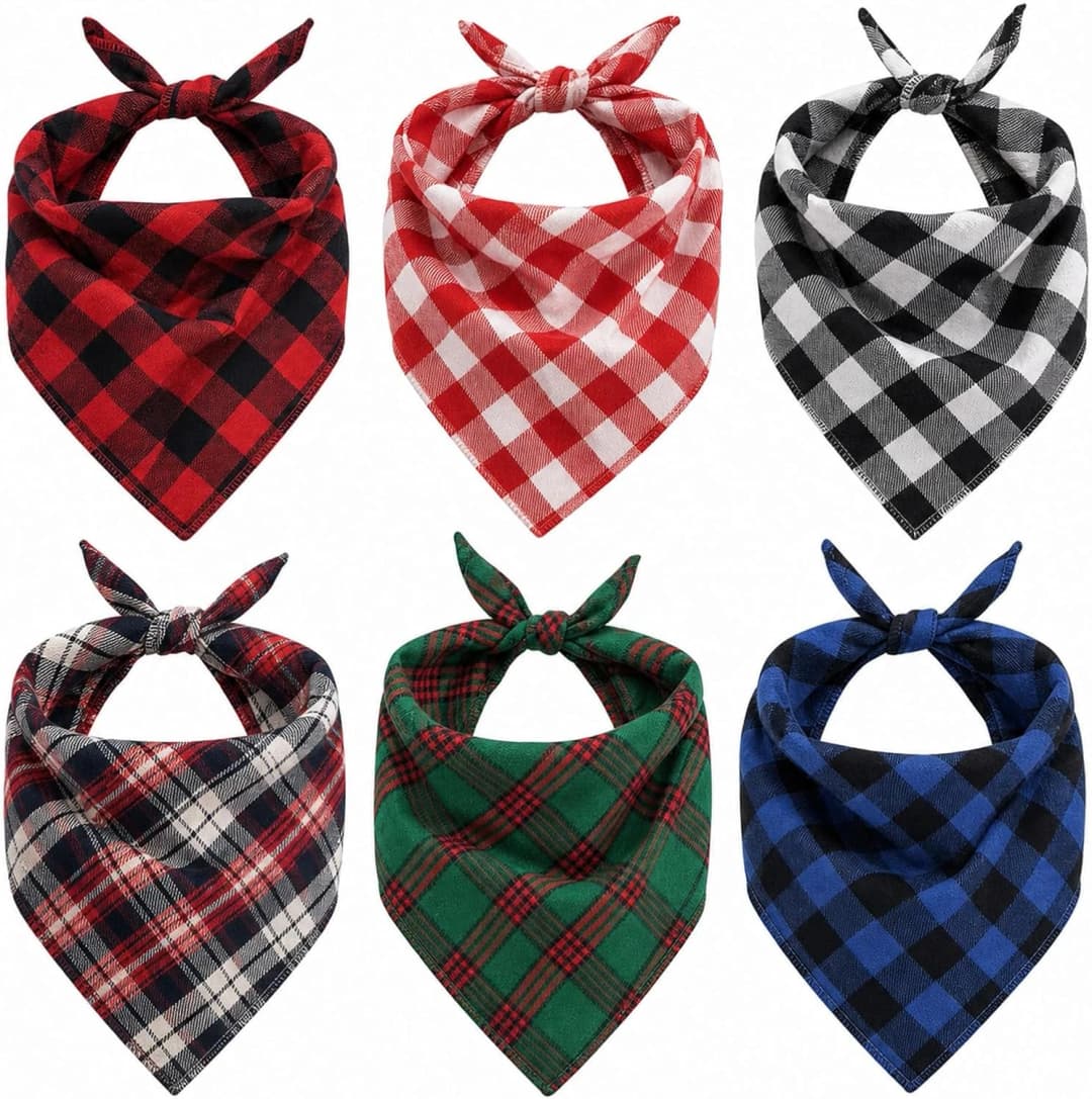 Dog Bandanas 6 Pack - Soft Cotton Bandanas for Dogs — Plaid / Large
