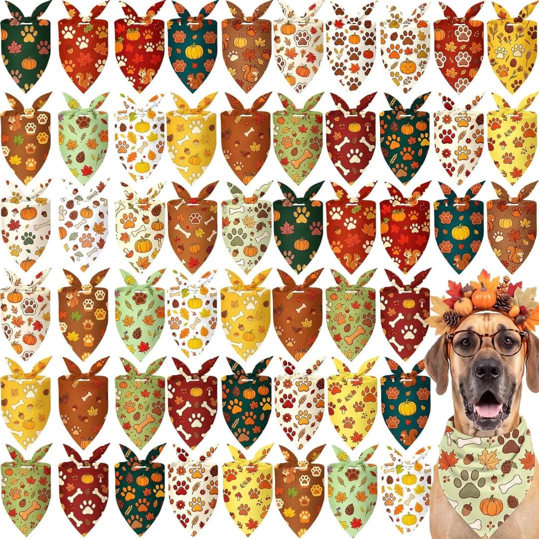 50 Pcs Fall Paw Print Dog Bandanas Bulk — Autumn Thanksgiving Party — Fall Paw Print / 31.5 x 21.7 x 21.7 Inch