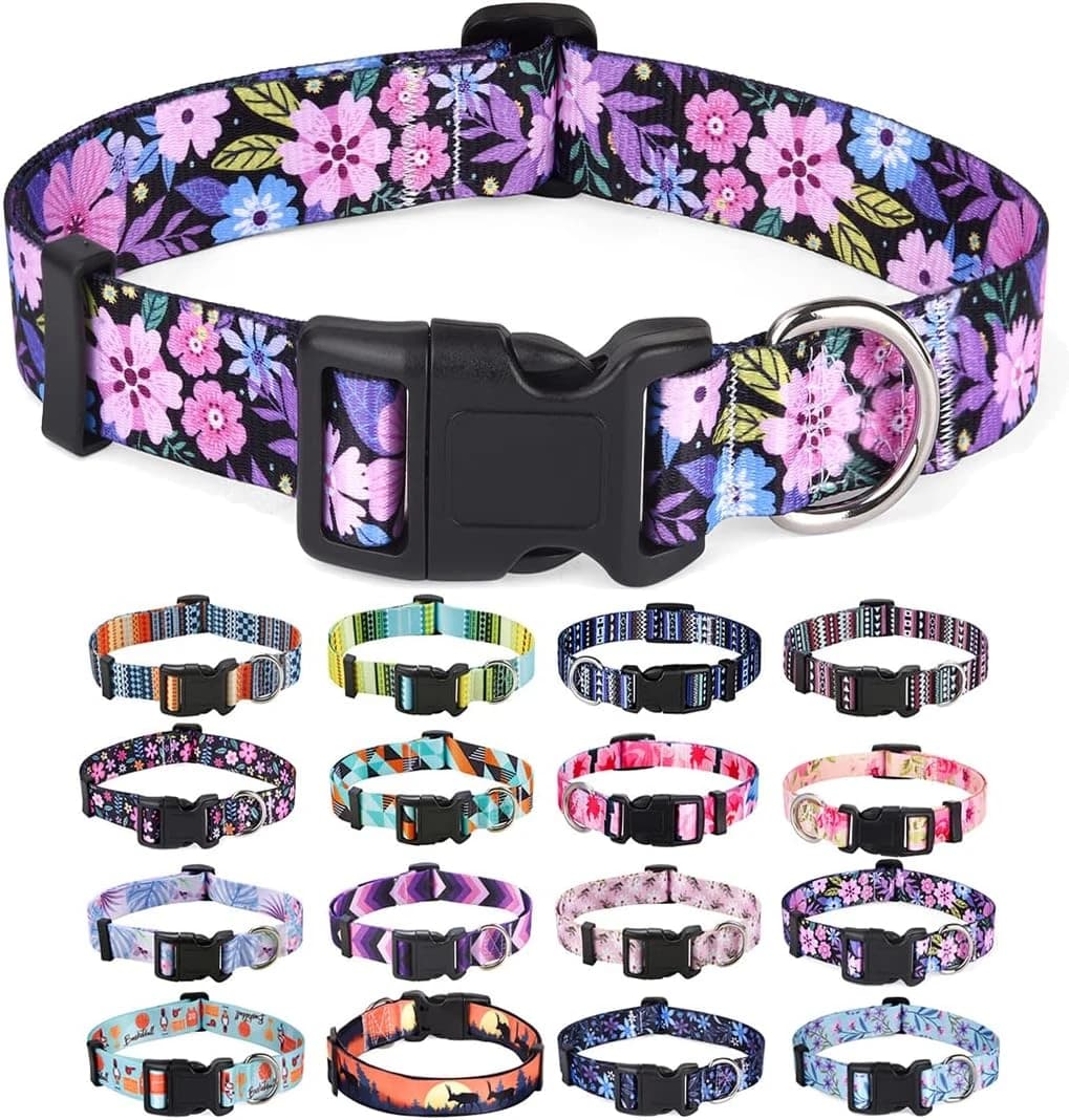Dog Collar for Medium Dogs — Fashion Design — M (Neck 12.9-21.6", Width 3/4") / Floral Pink