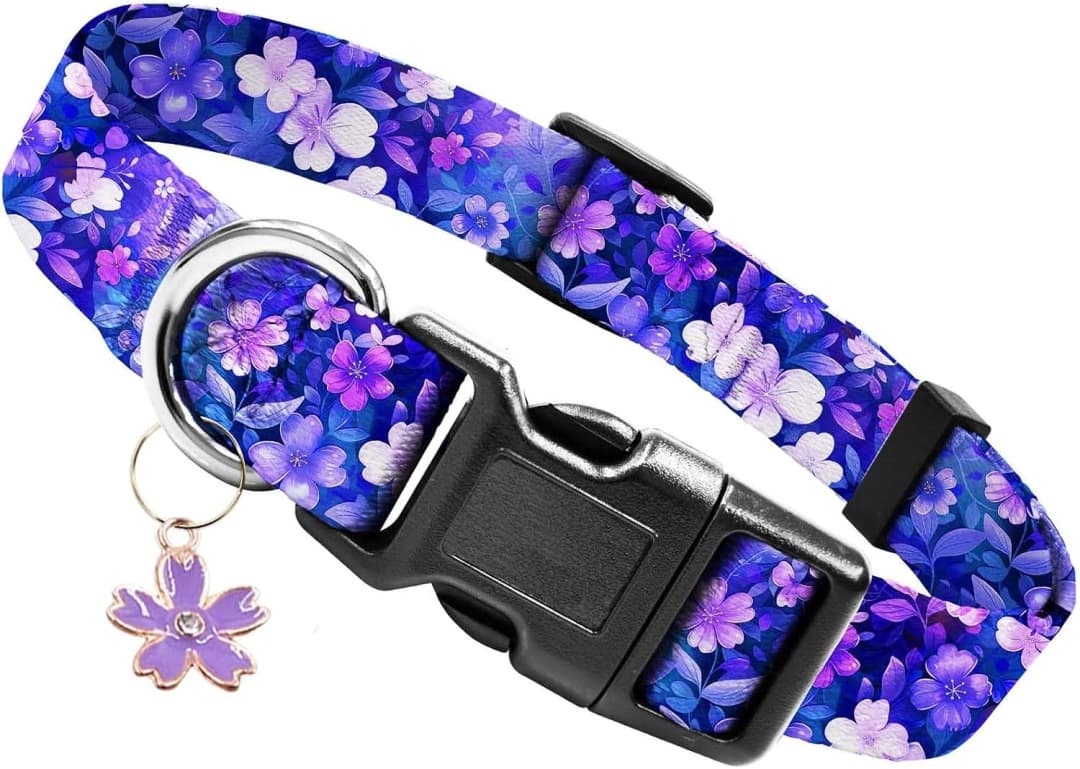 Dog Collar Cute and Soft Nylon Puppy Collar Girl Dogs — Adjustable Dog Collars for Medium Dogs — Purple Flowers / M