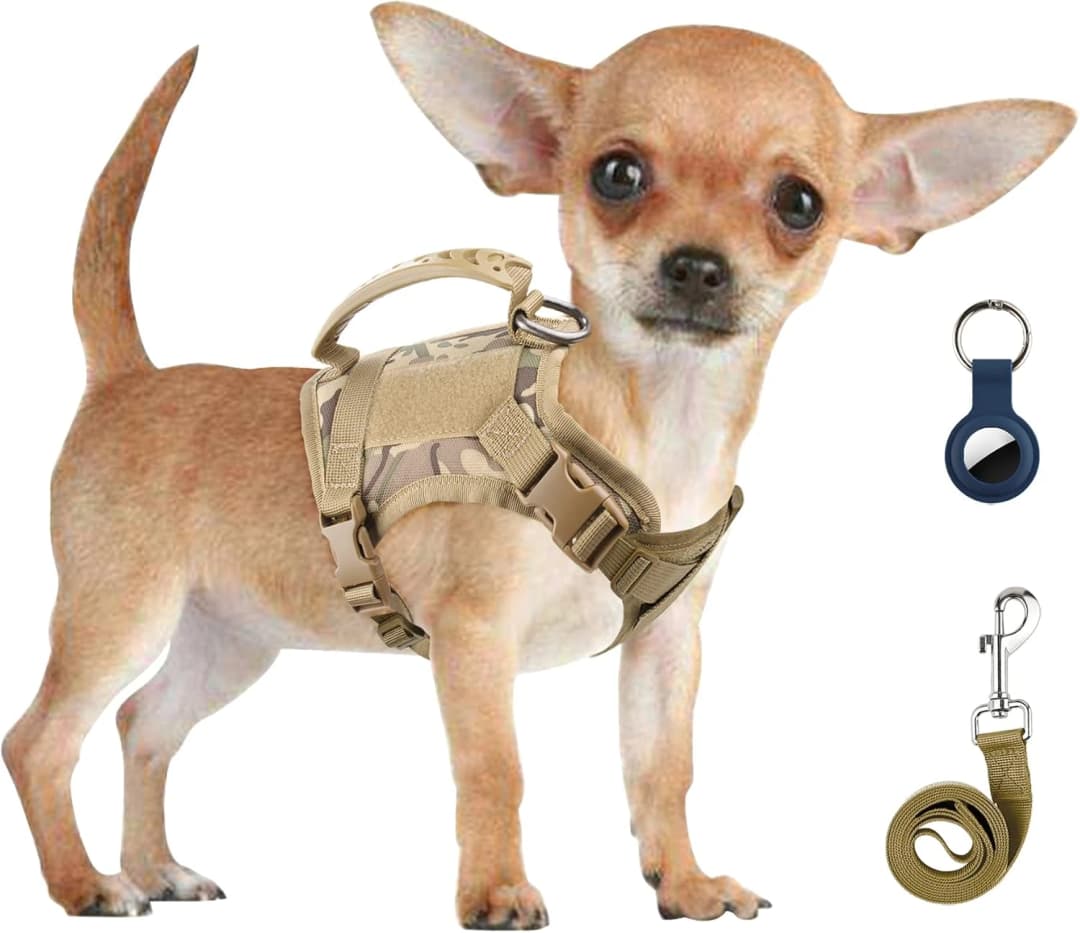 Tactical Dog Harness for Small Dogs with Handle — Military Service Dog Vest and Leash Set for Outdoor Training — Desert Khaki / XS (Neck:9.7"-14")(Chest: 11.8"-19")