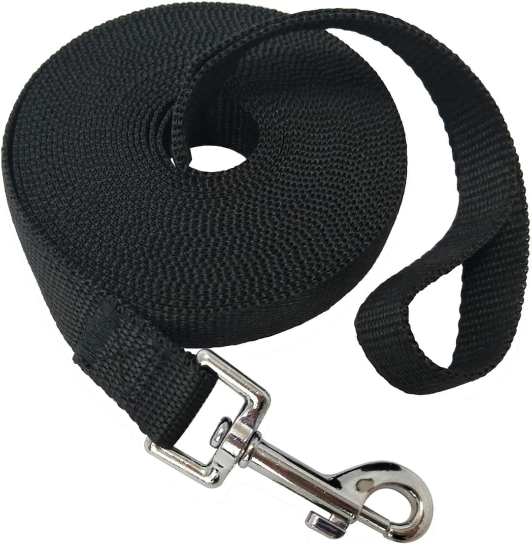 Nylon Training Dog Leash for Small, Medium, and Large Dogs, 15ft 20ft 30ft 50ft Long Puppy Lead for Obedience — Black / 20ft
