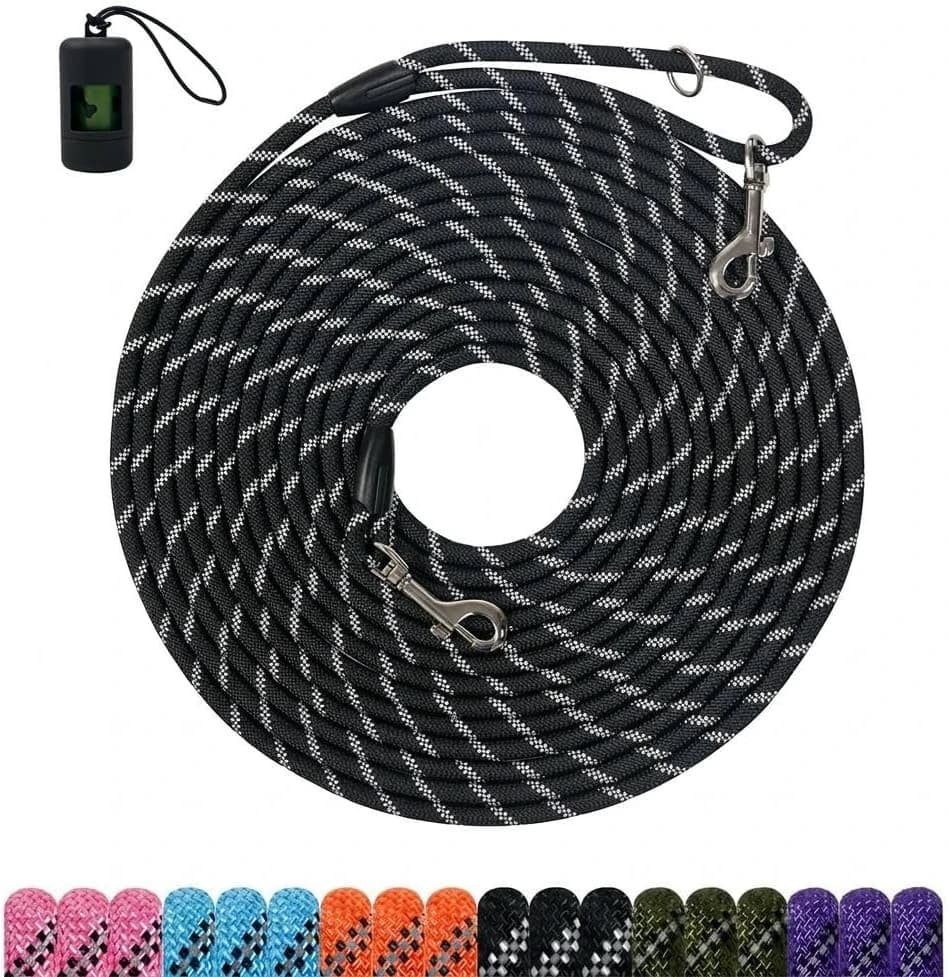 Long Dog Training Leash，Heavy Duty Reflective Rope Lead for Small, Medium, and Large Dogs ，6FT 10FT 15FT 30FT — Black / 30FT