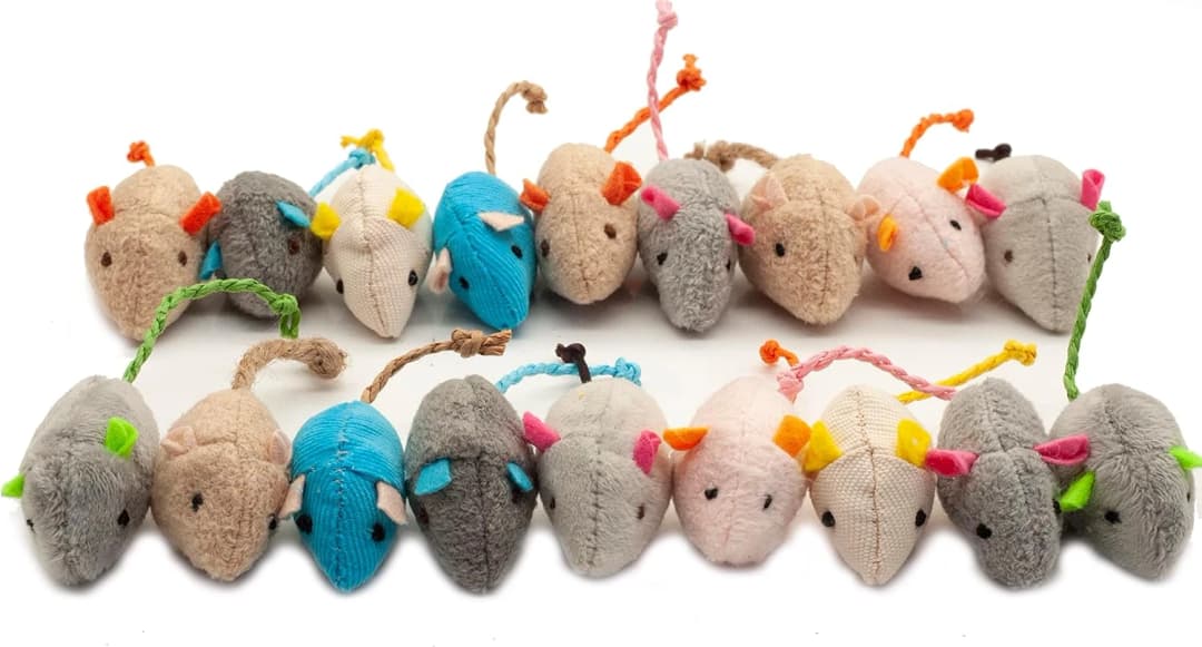 Cat Mice Toy 18-Pack Plush Catnip-Filled Mice Toys for Indoor Cats - Realistic Design — 9 Assorted Colors — 18 - Count (9 colors, 2 of each color)