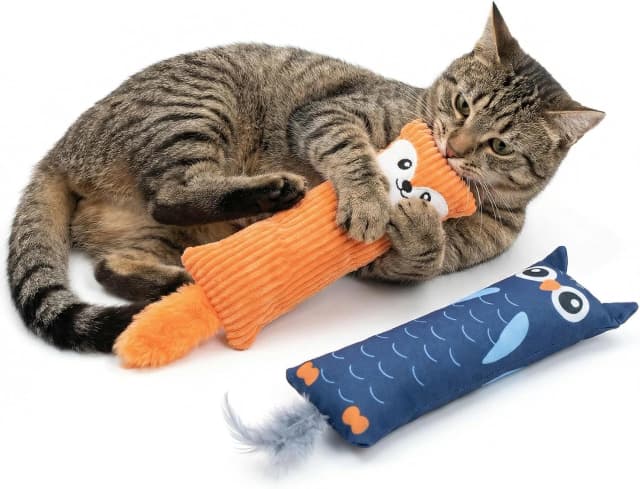 Catnip Toys for Indoor Cats — 2-Pack Large Plush Fox and Owl Kicker Toys