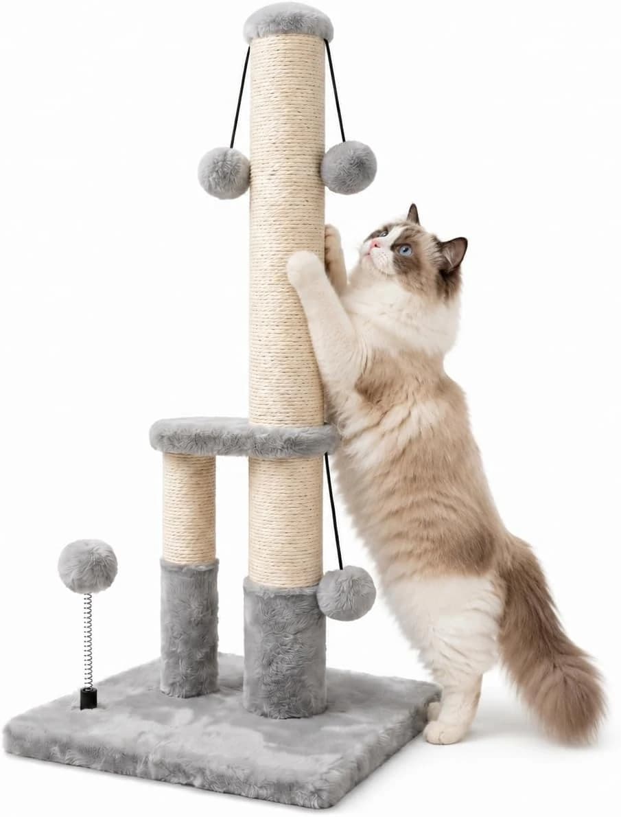 Tall Cat Scratching Post, Double Lower Posts Extra Stable Cat Post Tree Scratcher with Sisal Rope and Teasing 4 — Grey
