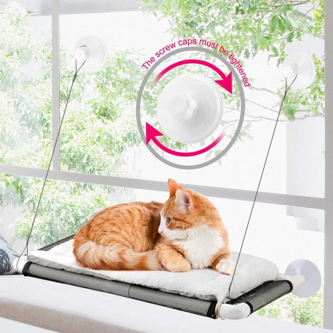 Cat Window Perch — Cat Hammock w/Fleece Blanket Upgraded Screw Suction Cups — White