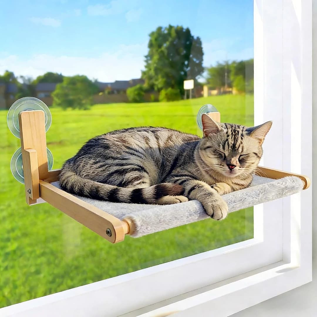 Foldable Cat Window Perch — Natural Wood — Foldable Cat Window Perch