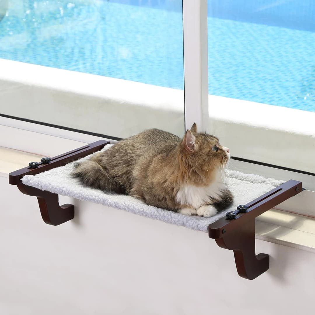 Easy Seat Cat Perch for Windowsill — Dark Stained Wood w/ Gray Bed / Medium (23''W x 14''D)