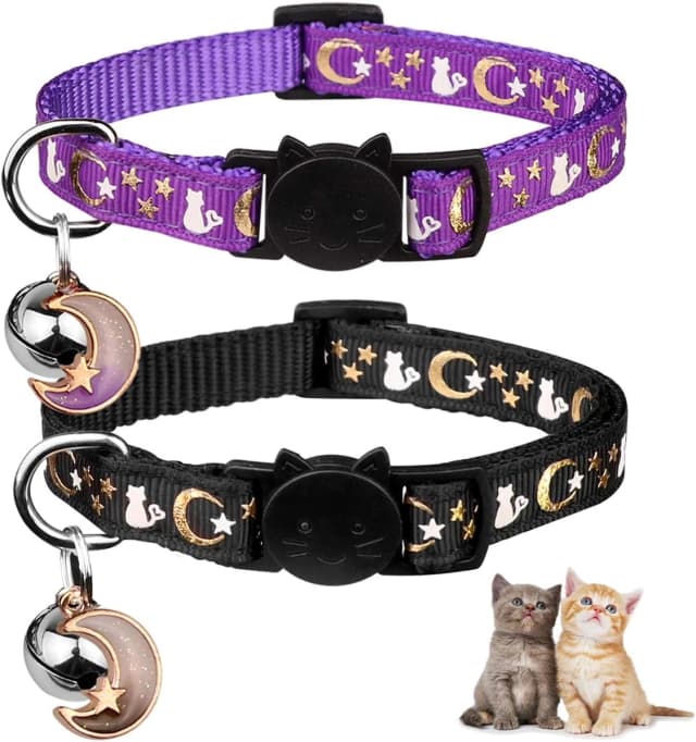 2PCS Breakaway Cat Collars with Bell Moons Stars Cute Kitty Adjustable Safe Kitten Collars with Pendant Glow in