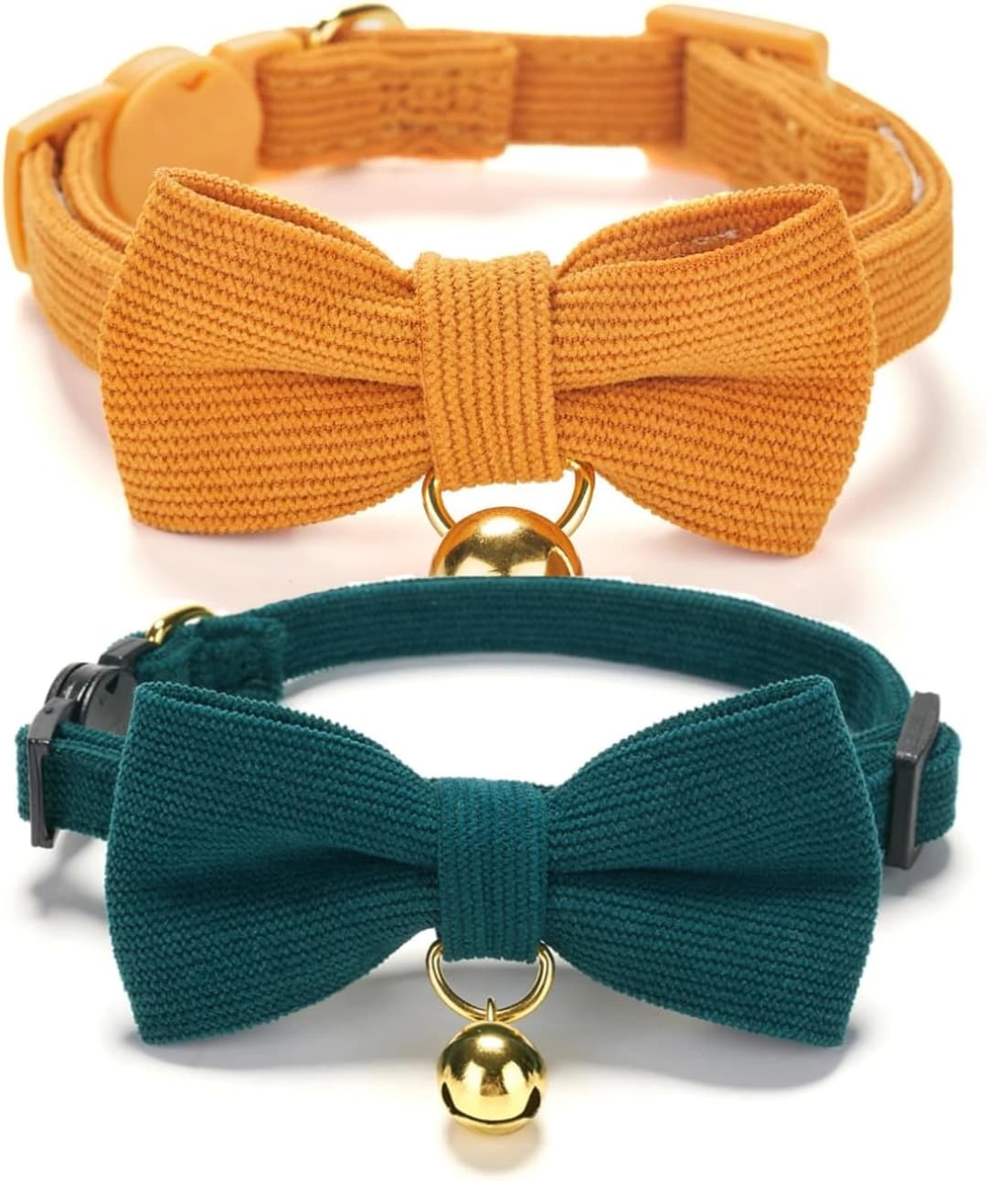 2 Pack Soft Corduroy Cat Collars with Bow Tie and Bell Adjustable Breakaway Kitten Bowtie Collar for Girl Boy Cats — S:Neck 7.0" - 11.0" / Corduroy-Orange Green
