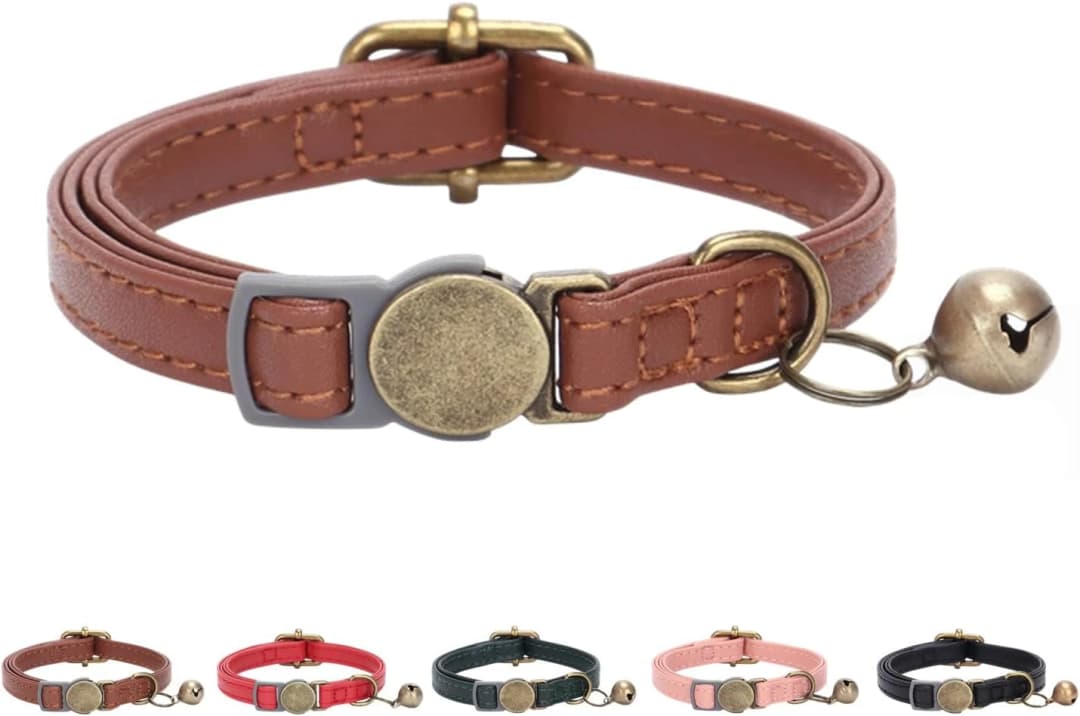 Leather Cat Collar with Bell Breakaway- Adjustable — Brown