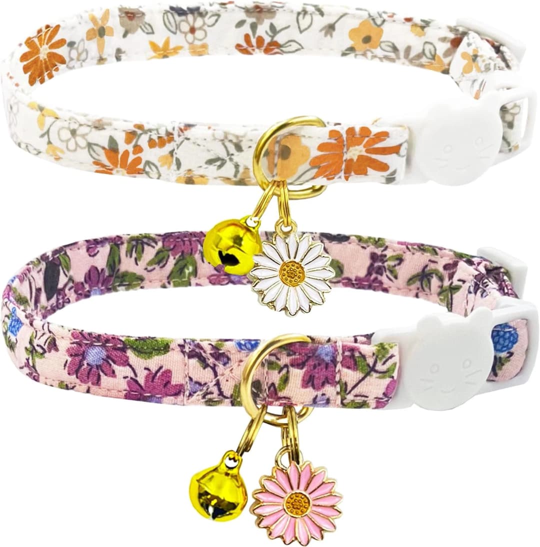 2 Pack Cotton Breakaway Cat Collars Set with Bell and Flower Pendant — beige+dark pink
