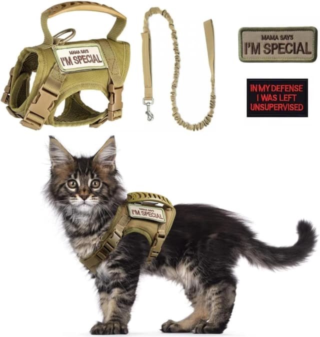 Tactical Cat Harness and Leash Set for Walking Escape Proof Adjustable Large Cat Vest Harness with Patches Soft