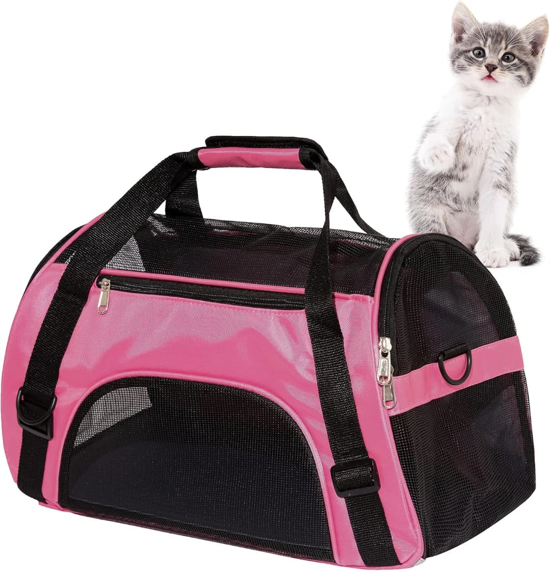 Cat Carrier for Cats Soft-Sided Travel Pet Carrier for Cat with Wooden Padding Board Airline Approved — Small-Pink