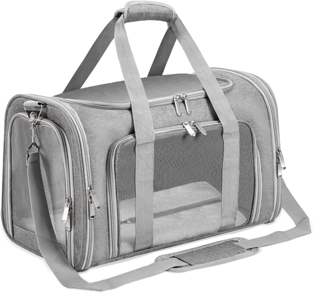 Soft-Sided Cat/Dog/Pet Carrier — Collapsible Pets Travel Carriers — GRAY / 17"L x 11"W x 11"H