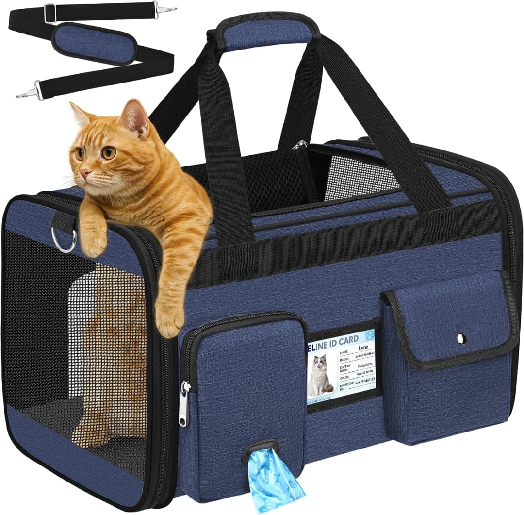 Large Cat Carrier — Soft Sided Travel Pet Carrier Airline Approved — Navy Blue