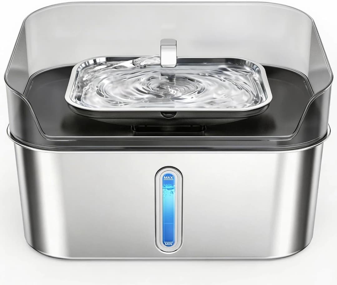 No Spill Dog Water Fountain Stainless Steel — Large 8L/2.1Gal Ultra Quiet — Silver / fountain + 1 Filter