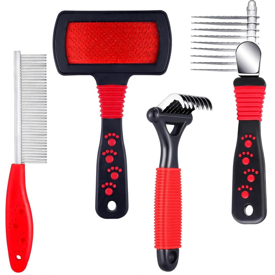 4 Pcs Dog Dematting Comb — Red and Black Classic Grooming Set — Red, Black, Silver / Classic