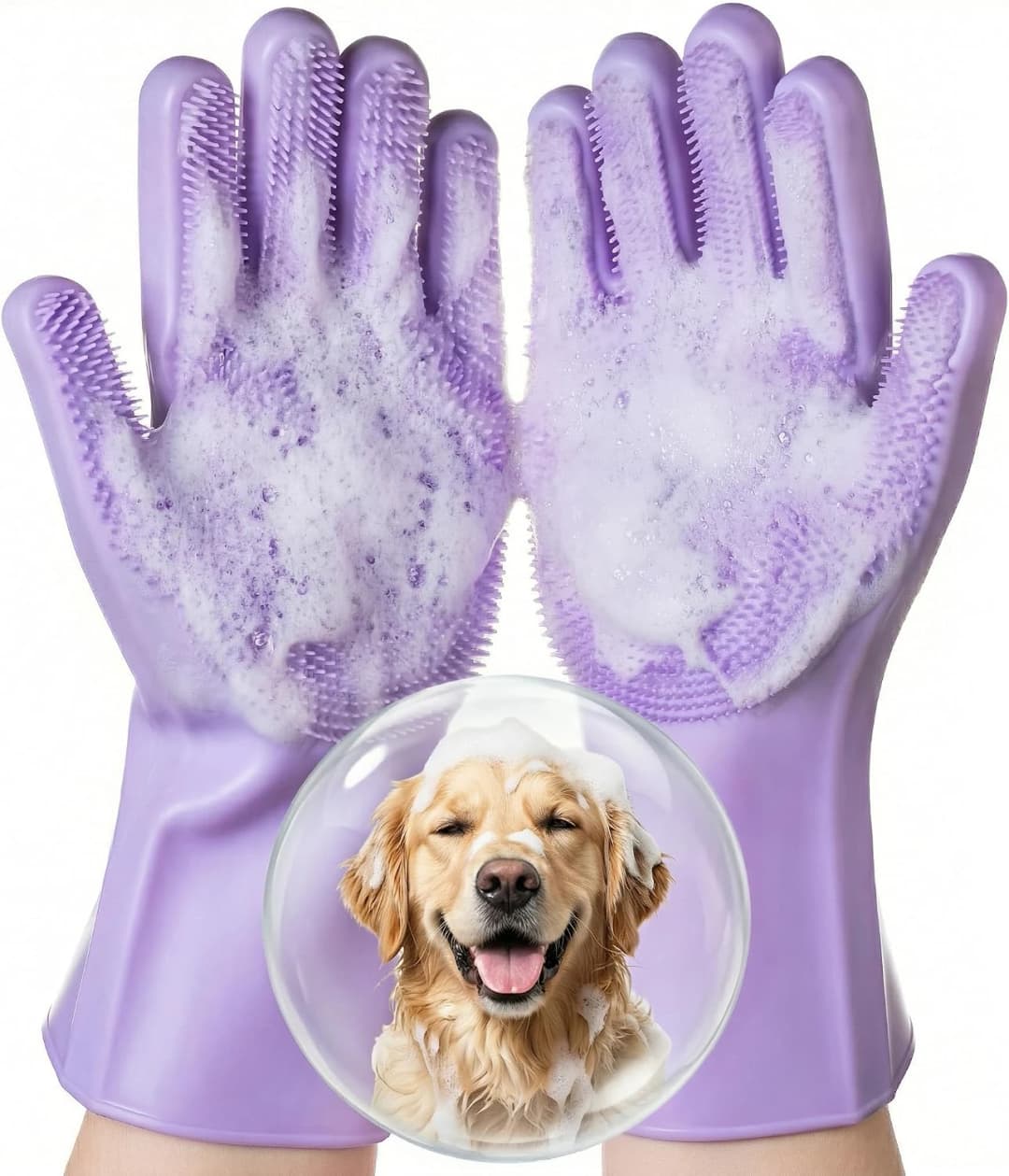 Silicone Pet Grooming Gloves Dog Washing Gloves for Bathing — 1 Pair — Medium / purple