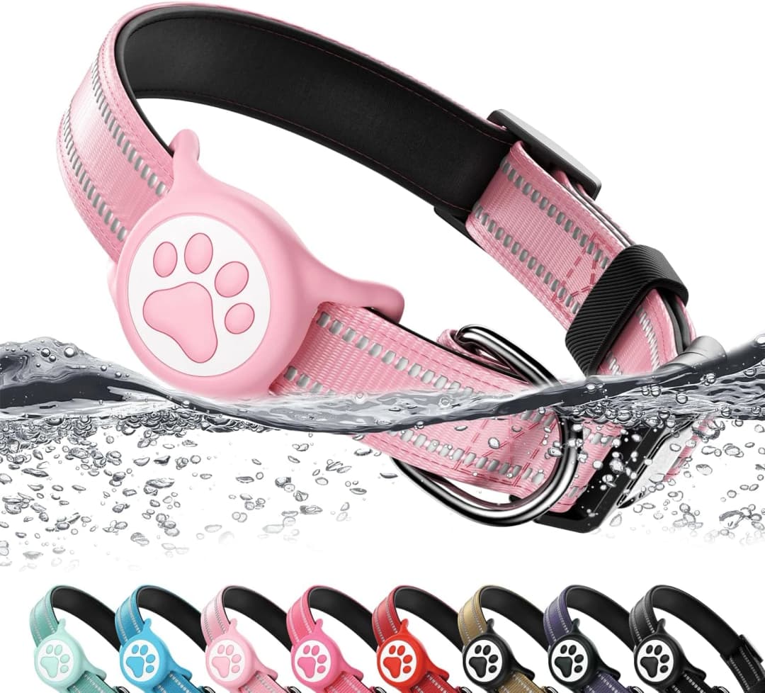 Premium Airtag Dog Collar，with IP68 Waterproof AirTag Holder — Pink / L（15“~24”)