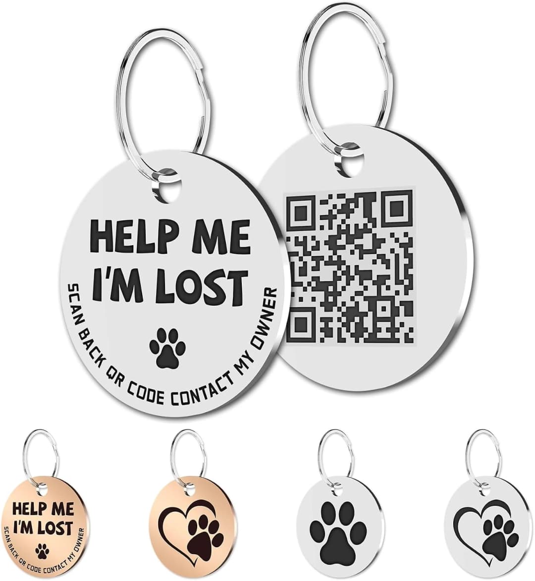 Stainless Steel QR Code Dog ID Tags Cat Tags — Pet Online Profile - Scan QR Receive Instant Pet Location Alert — Help Me Im Lost,silver