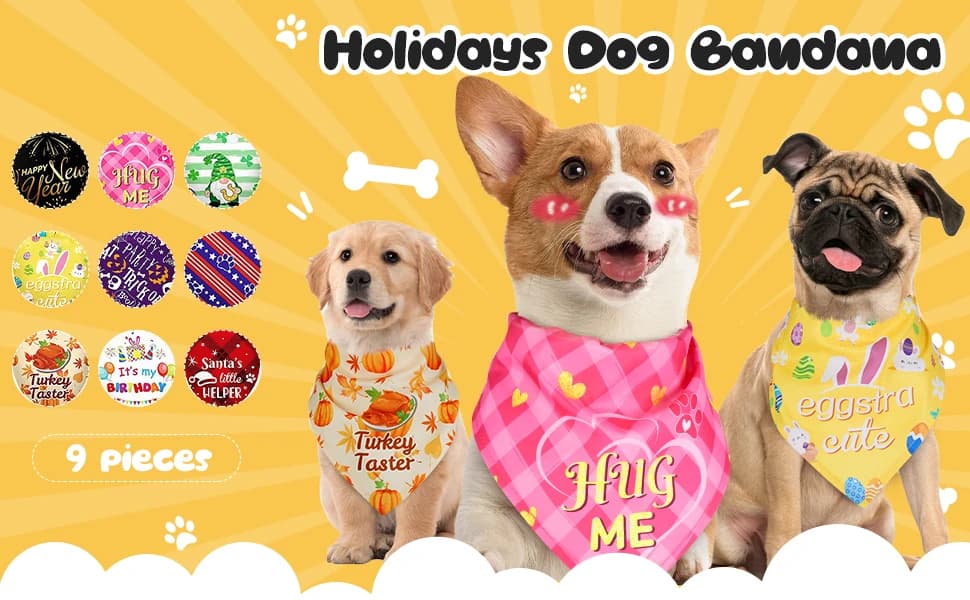 9 Pcs Holiday Dog Bandanas — Adjustable Washable Pet Scarves — product details
