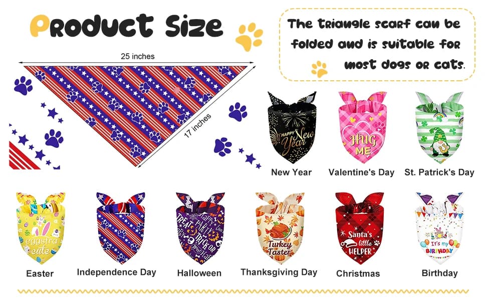 9 Pcs Holiday Dog Bandanas — Adjustable Washable Pet Scarves — product details