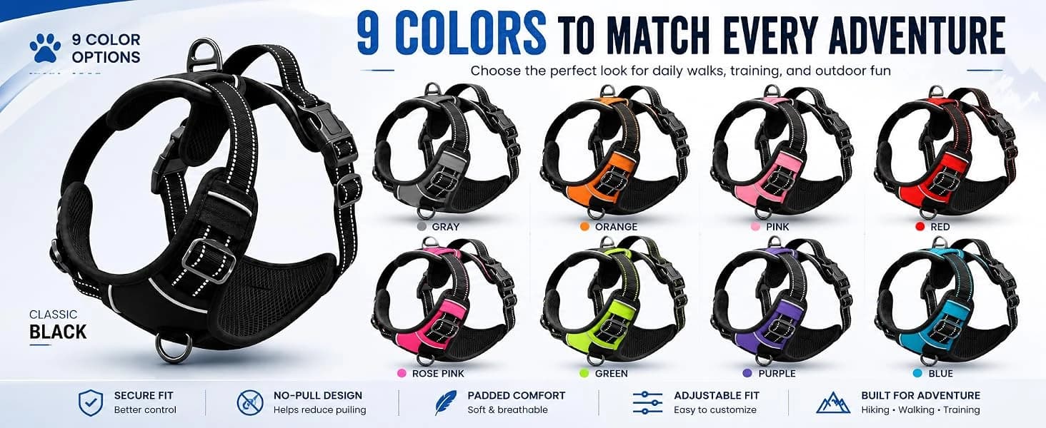 No Pull Dog Harness — Large Black Tactical Vest Harness — 9 Colors for Every Adventure