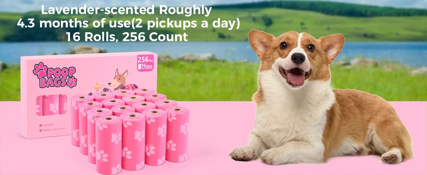 Poop Bags Rolls 256 Count - 9x13 Inches Pink Thickened Leakproof Lavender scent Poo Bags for Dogs — Pet Waste — product details