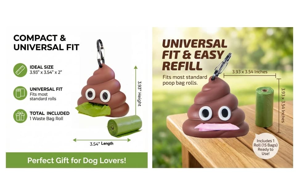 Dog Poop Bag Dispenser for Dog Leash — Poop Shape Sturdy Holder — Easy Refill