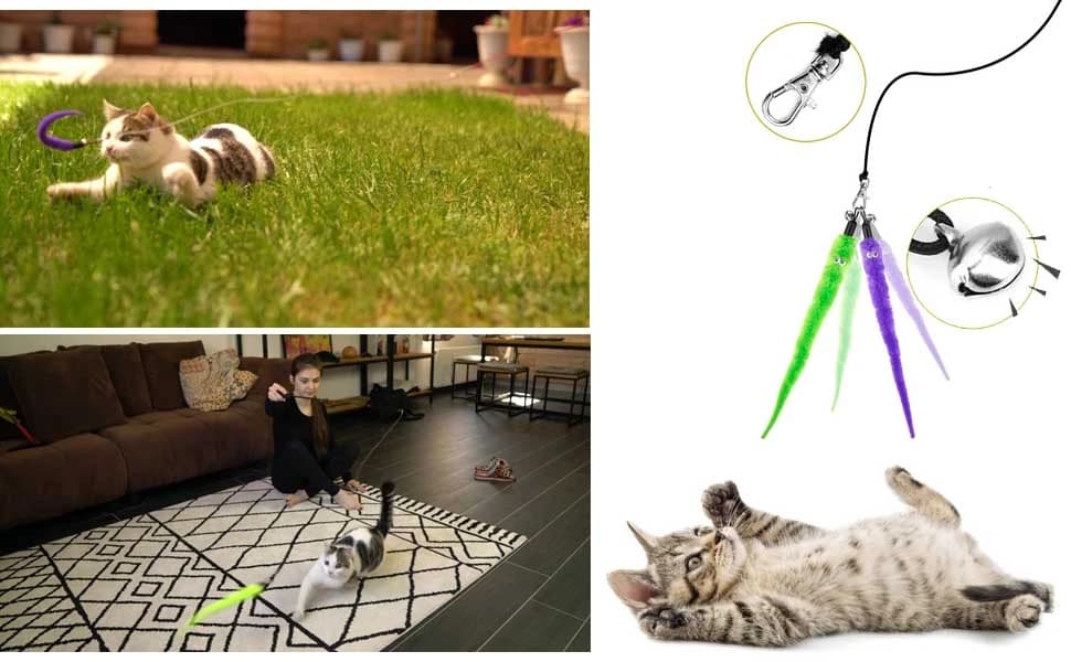 Cat Toys for Indoor Cats — Interactive Cat Toy 2PCS Retractable Wand Toy and 9PCS Cat Feather Toys Refills — The fully extended cat wand plus string are long enough — which can cover a large space for playing. It can really get your cats exercise.