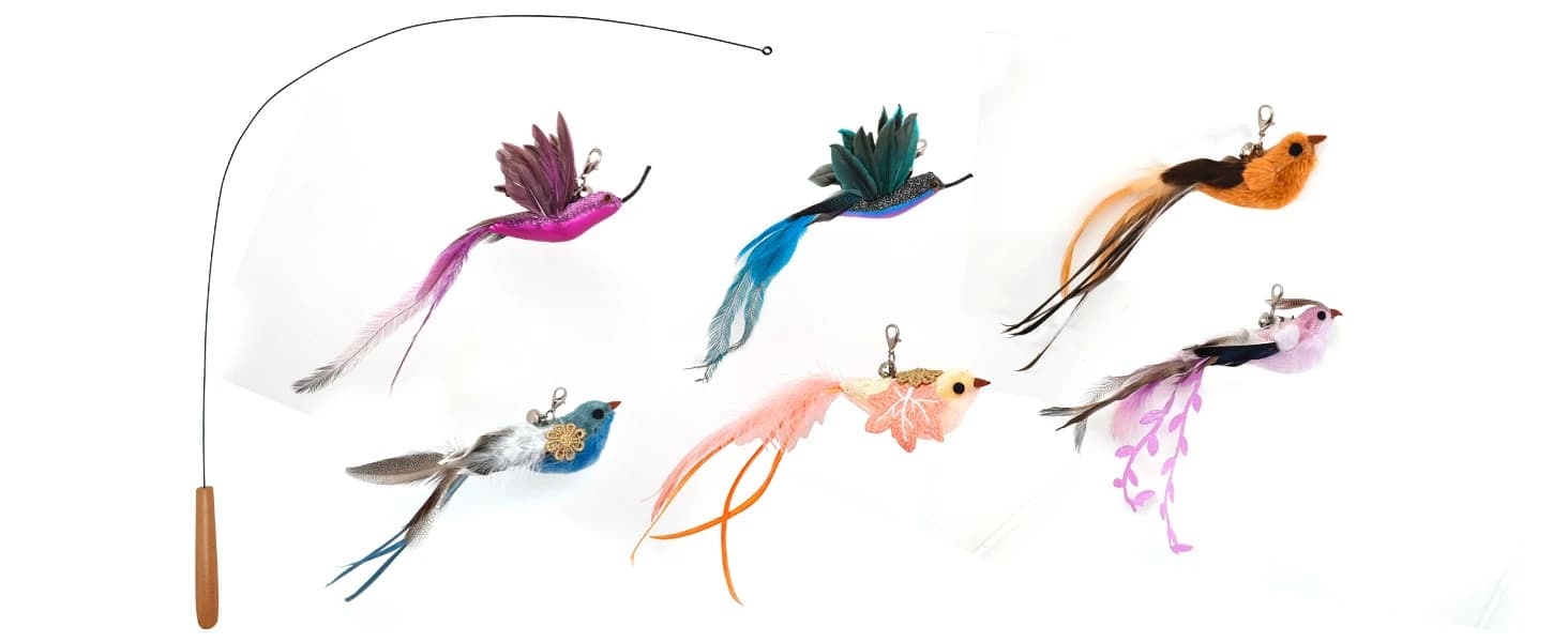 35" Steel Wire Cat Wand Toy and 6PCS Realistic Feather Bird Refills — ENGAGING ENTERTAINMENT for CATS