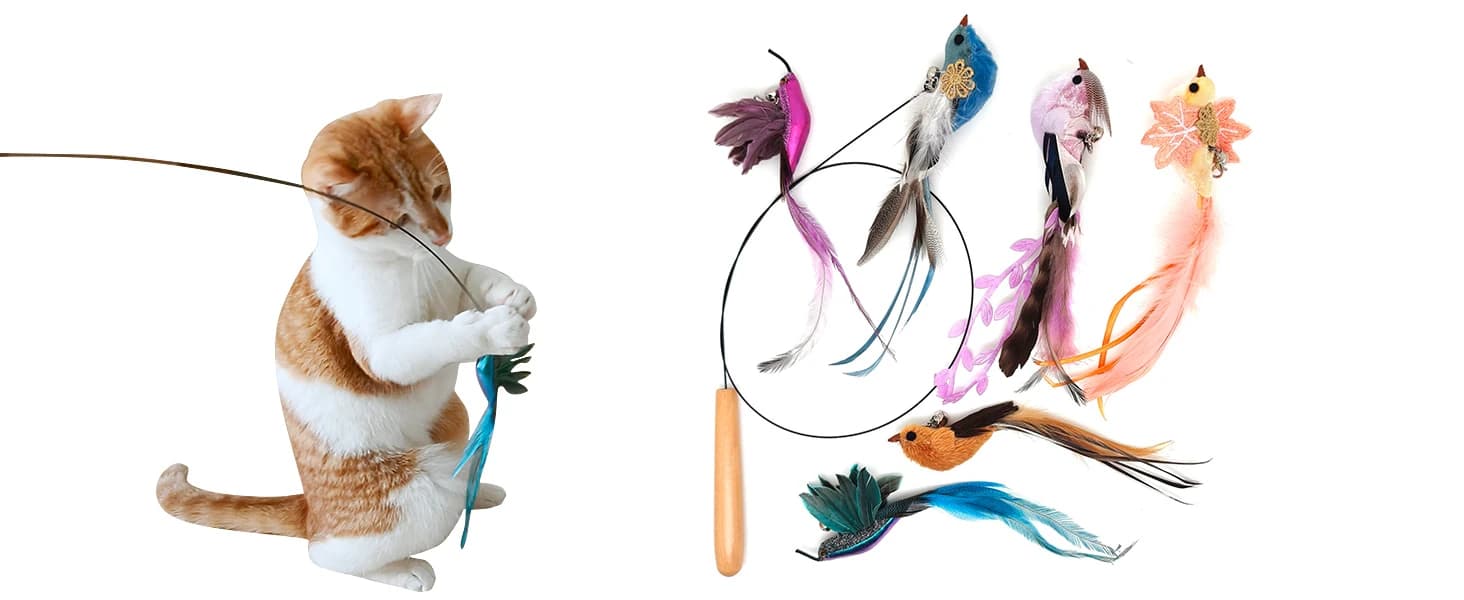35" Steel Wire Cat Wand Toy and 6PCS Realistic Feather Bird Refills — REALISTIC HANDCRAFTED FEATHER BIRDS