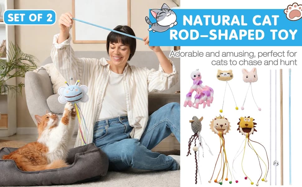 Cat Wand Toy Set — 2 PCS Interactive Cat Teaser Wands with Cute Bee & Mouse Designs — product details