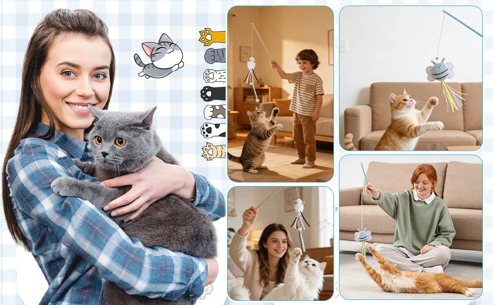 Cat Wand Toy Set — 2 PCS Interactive Cat Teaser Wands with Cute Bee & Mouse Designs — product details