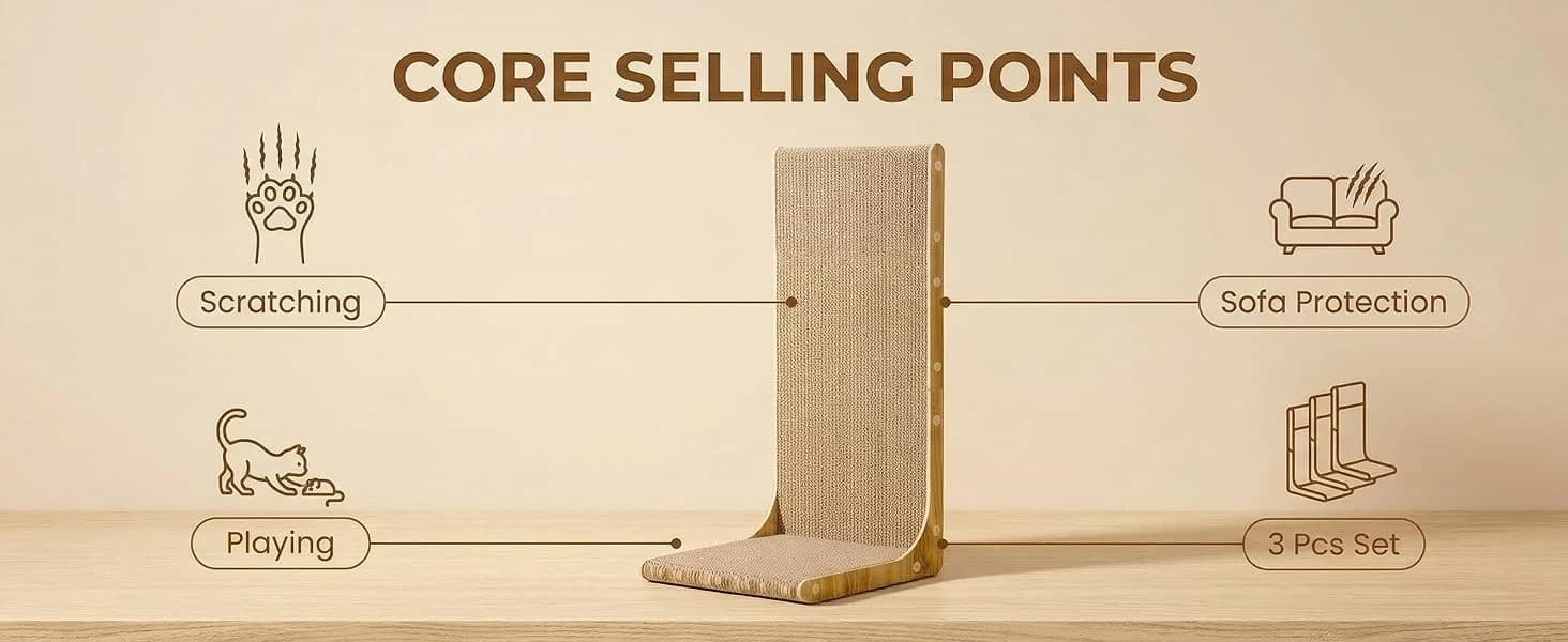 3-Pack Cardboard Cat Scratcher for Indoor Cats — 23 Inch L Shaped Vertical Cat Scratching Post — product details