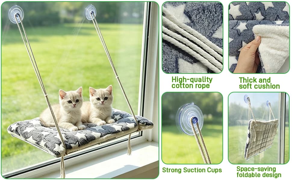 Cat Window Perch — Foldable Cat Hammock with Suction Cups — Cozy Thick Fleece Cushion for Ultimate Comfort