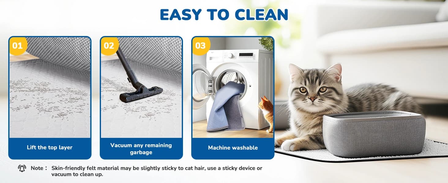 Cat Litter Mat 47" x 35" XL — Washable Urine-Proof Non-Slip Gray — 3 SIDES OPEN DESIGN HELP CLEANING EASIER
