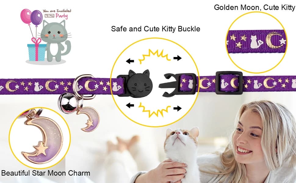 2PCS Breakaway Cat Collars with Bell Moons Stars Cute Kitty Adjustable Safe Kitten Collars with Pendant Glow in — product details