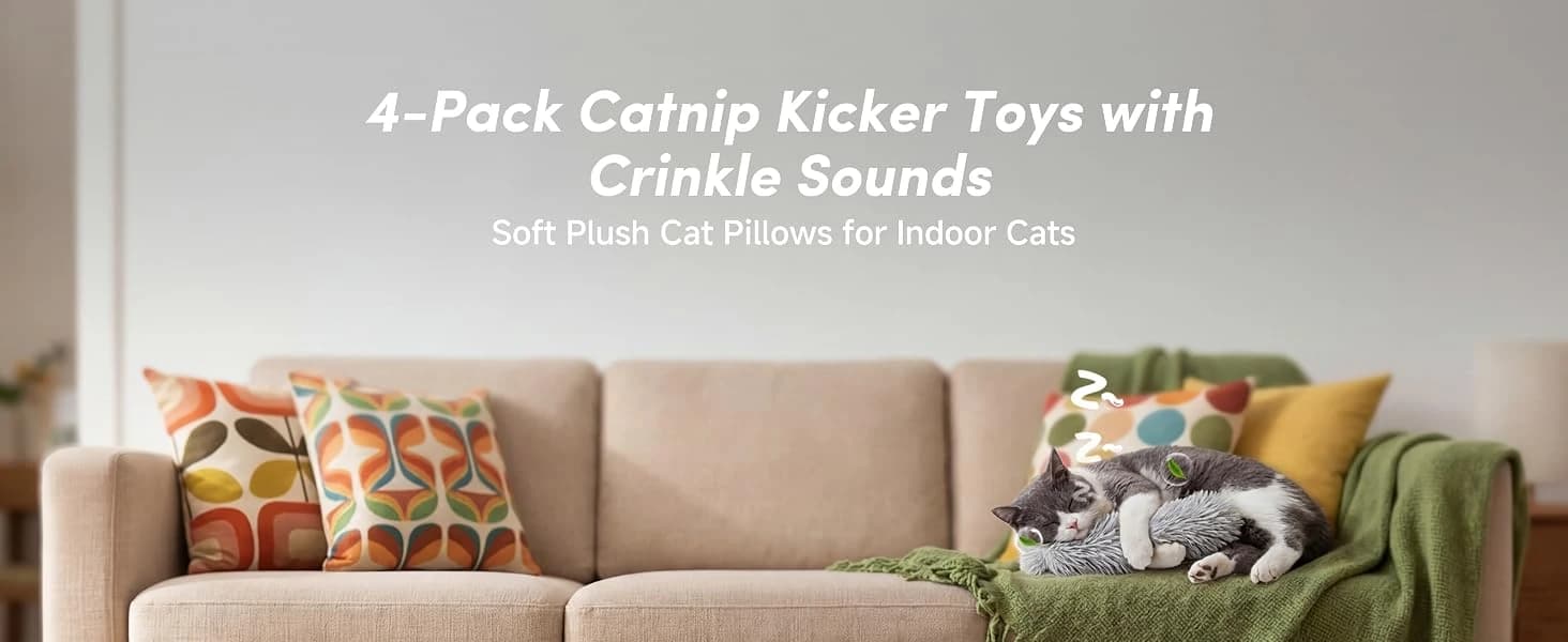 Catnip Cat Toys 4 Pack — Soft Cat Pillow Kicker Toys with Crinkle Sound — product details