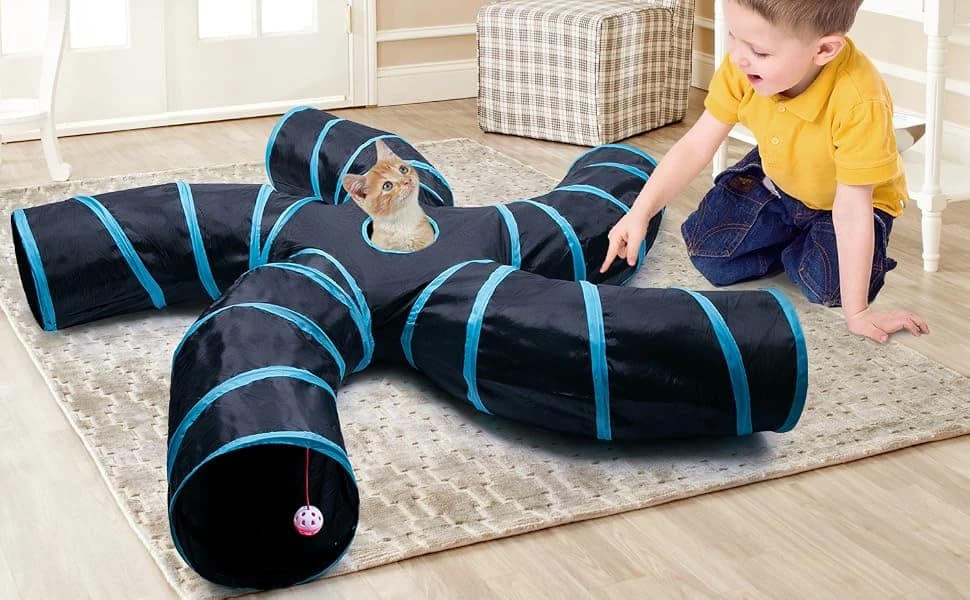 Cat Tunnel for Indoor Cats Large, with Play Ball S-Shape 5 Way Collapsible Interactive Peek Hole Pet Tube Toys — KITTENS PLAYING IN THE CAT TUNNEL