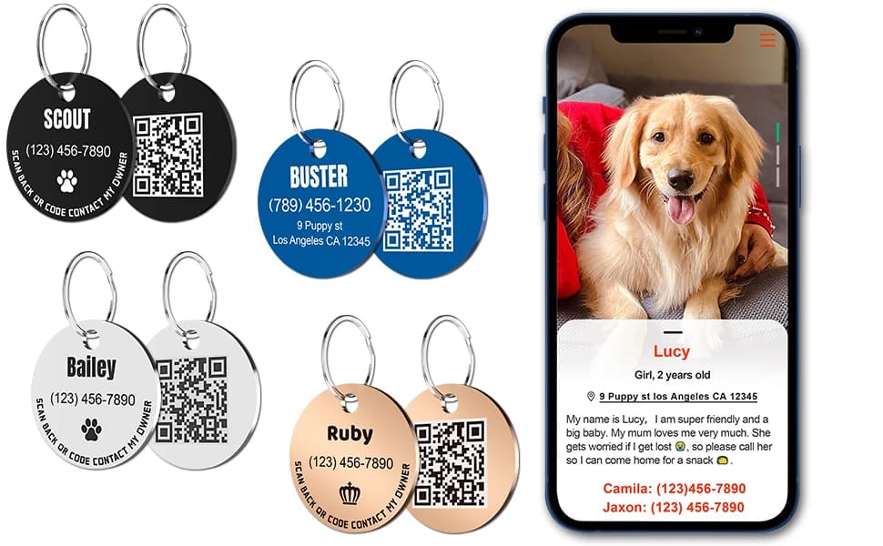 Personalized Stainless Steel QR Code Pet ID | Dog and Cat Collar Tag | Online Profile | Scanned Location Alert — product details