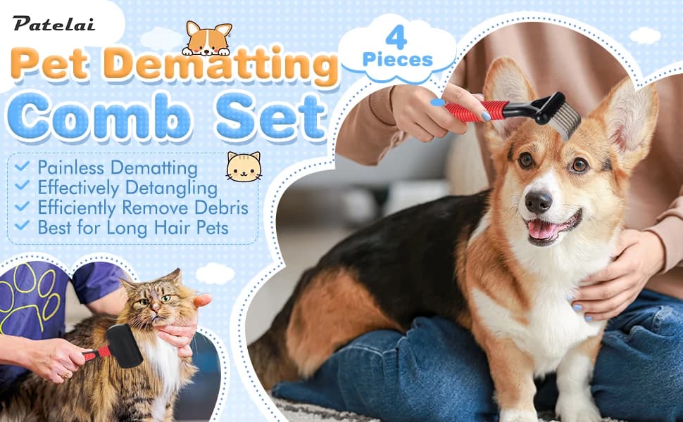 4 Pcs Dog Dematting Comb — Red and Black Classic Grooming Set — product details