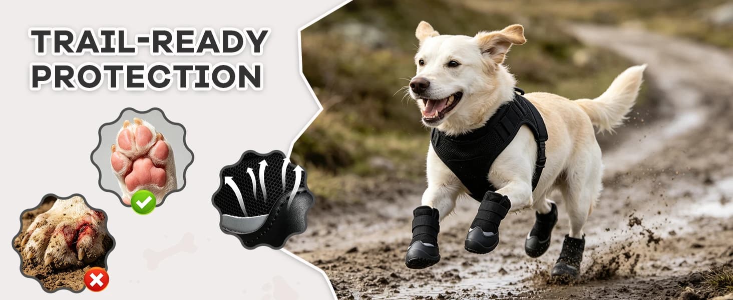 Dog Boots — Rugged Anti-Slip Sole Paw Protectors for Medium and Large Dogs — Breathable Cooling Mesh